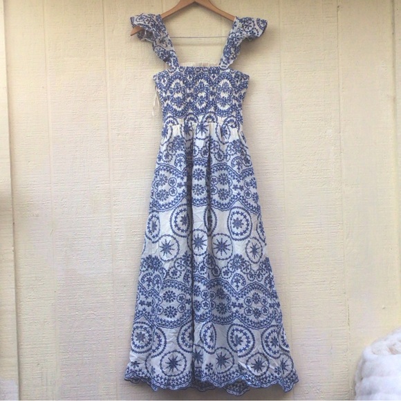 Zara Openwork embroidered floral eyelet Blue and White ruffle sleeves Maxi Dress - Picture 1 of 16